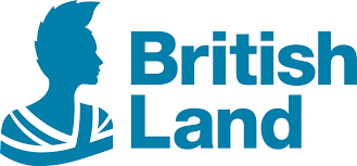 British Land logo - blue font next to a blue figure in union jack pattern