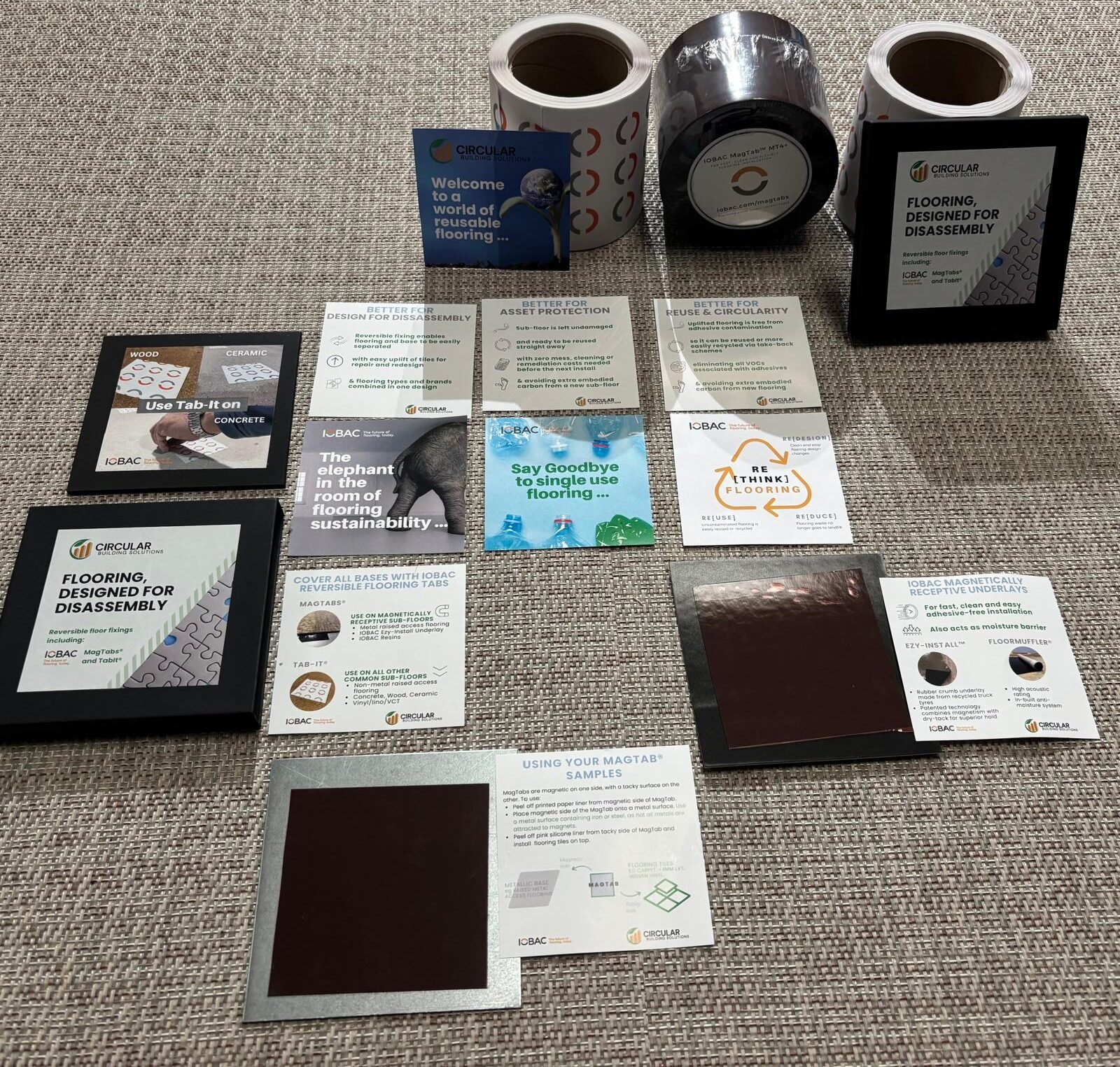 contents of sample kit - reversible fixings samples and information cards
