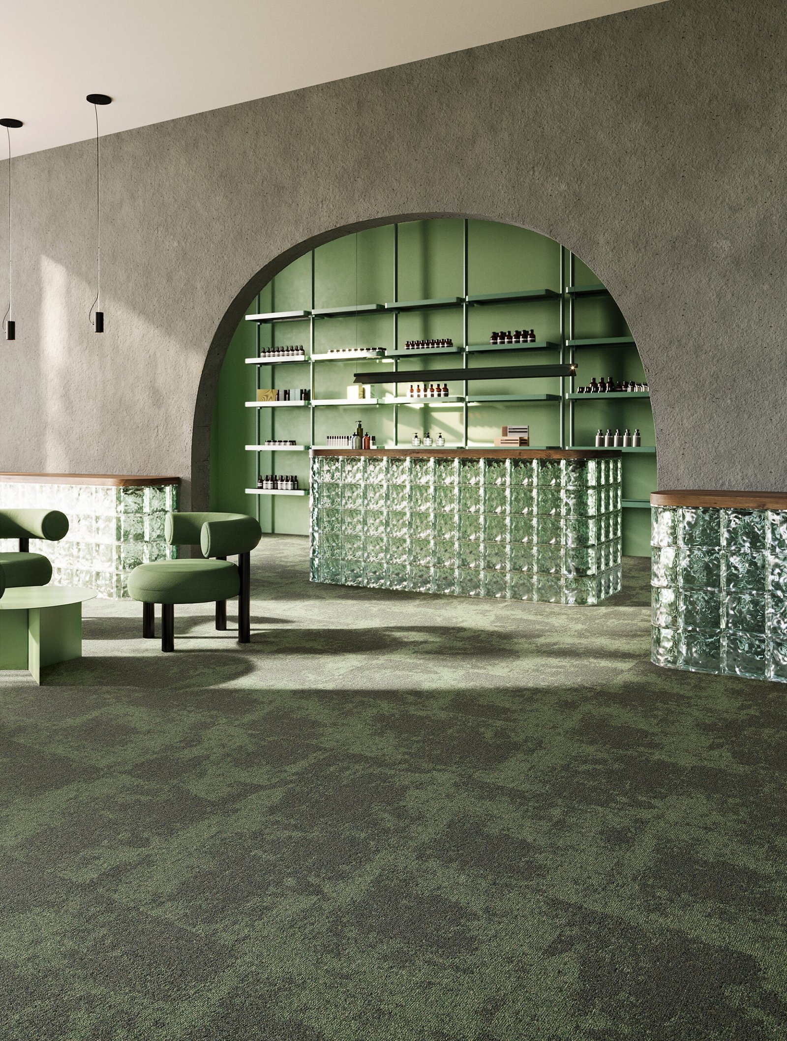 Mohawk Group EMEA collaboration area - with green carpet tiles