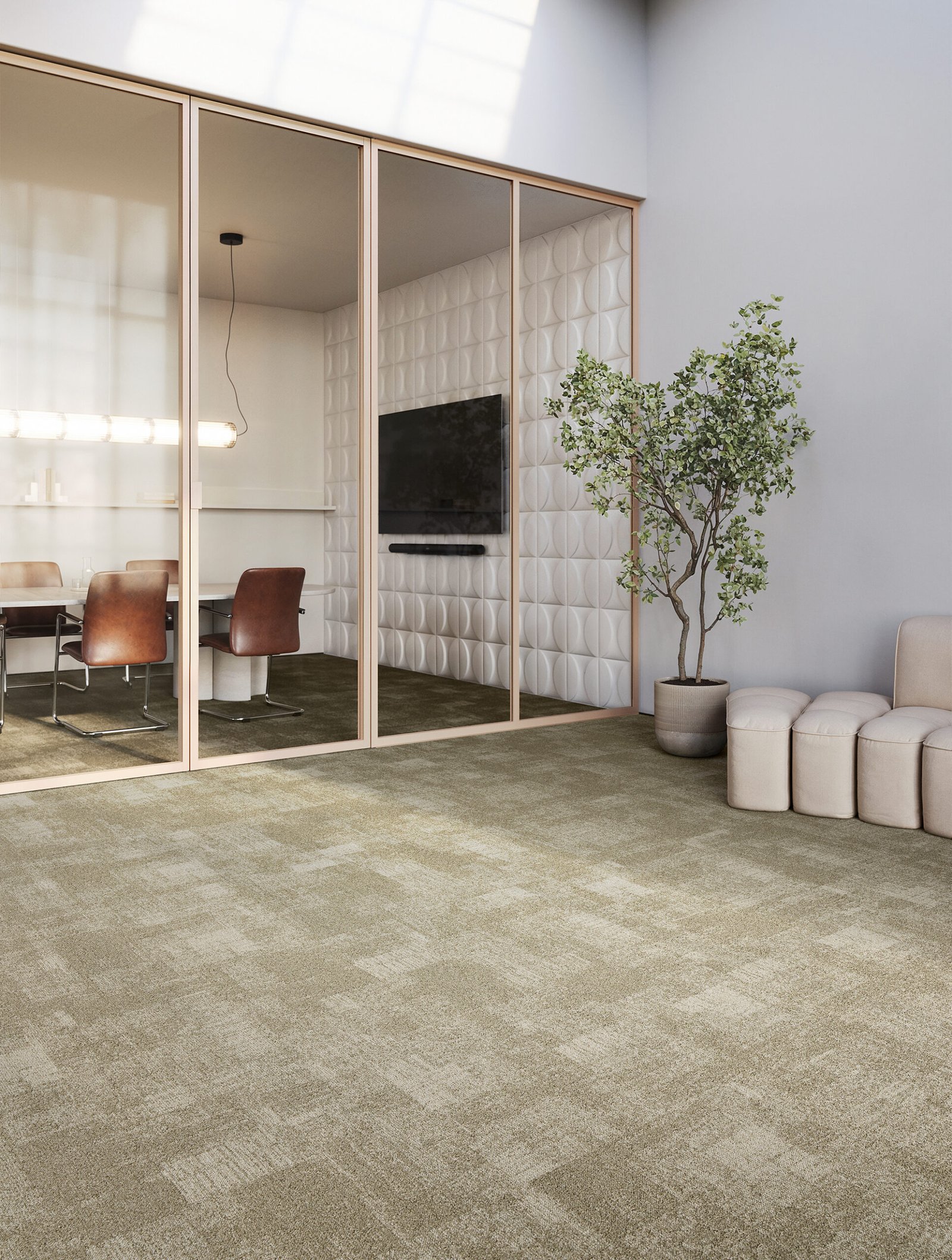 Mohawk Group EMEA workspace area - green/grey carpet tile in office area with cream partition