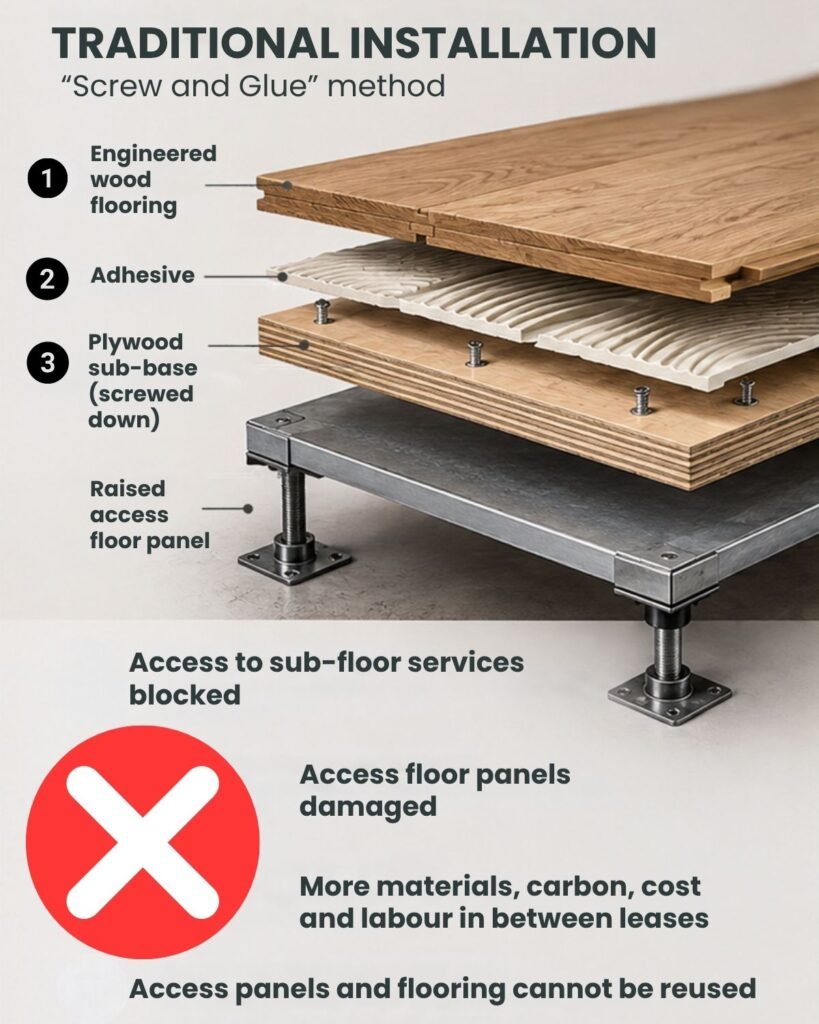 Glue and screw wood flooring installation